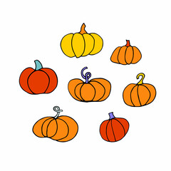 Doodle Pumpkin Set. Collection of different pumpkins isolated on white background. Orange hand-drawn vegetables. Vector line illustration for package, autumn holidays, markets, Halloween, Thanksgiving