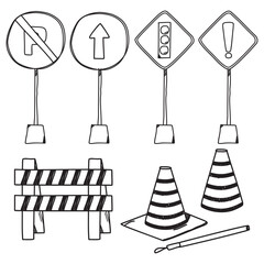 hand drawn traffic sign equipment icons set in doolde style