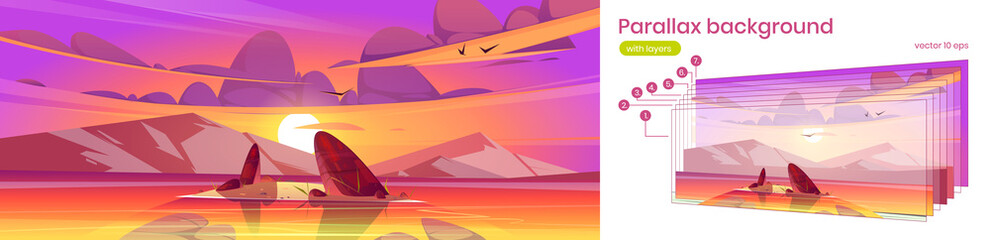 Sea landscape with small island in water and mountains at sunset. Vector parallax background for 2d game animation with cartoon illustration of lake, rocks, sun and clouds in pink sky