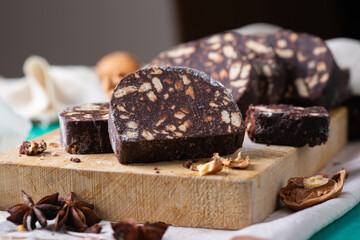 Traditional homemade Italian dessert - christmas chocolate salami