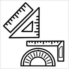 Set of ruler, triangle ruler, protractor. Vector illustration icon black line style