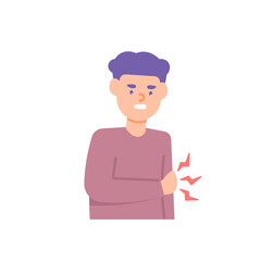 illustration of a man or boy feeling pain in the left arm. broken hands, elbow pain, arthritis, muscle pain, cramps, tingling. health problems in the body. flat cartoon style. vector design