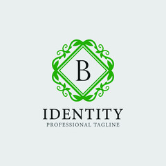 B letter leaf monogram logo and text badge emblem -  vector image