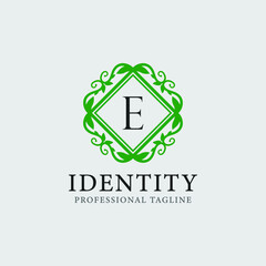 E letter leaf monogram logo and text badge emblem -  vector image