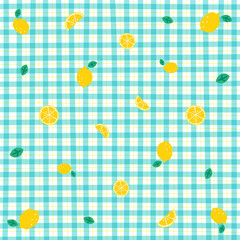 Cute Ornament Element Lemon Pastel Blue Gingham Pattern Editable Stroke. Cartoon Illustration, Mat, Fabric, Textile, Scarf, Wrapping Paper.
