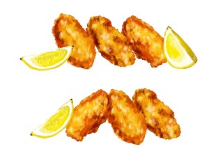 手描き水彩厚塗りの牡蠣フライとレモン・ワンポイントラインフレームセット