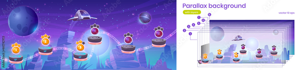 Poster mobile arcade with spaceship parallax background, interstellar shuttle hover above alien planet with