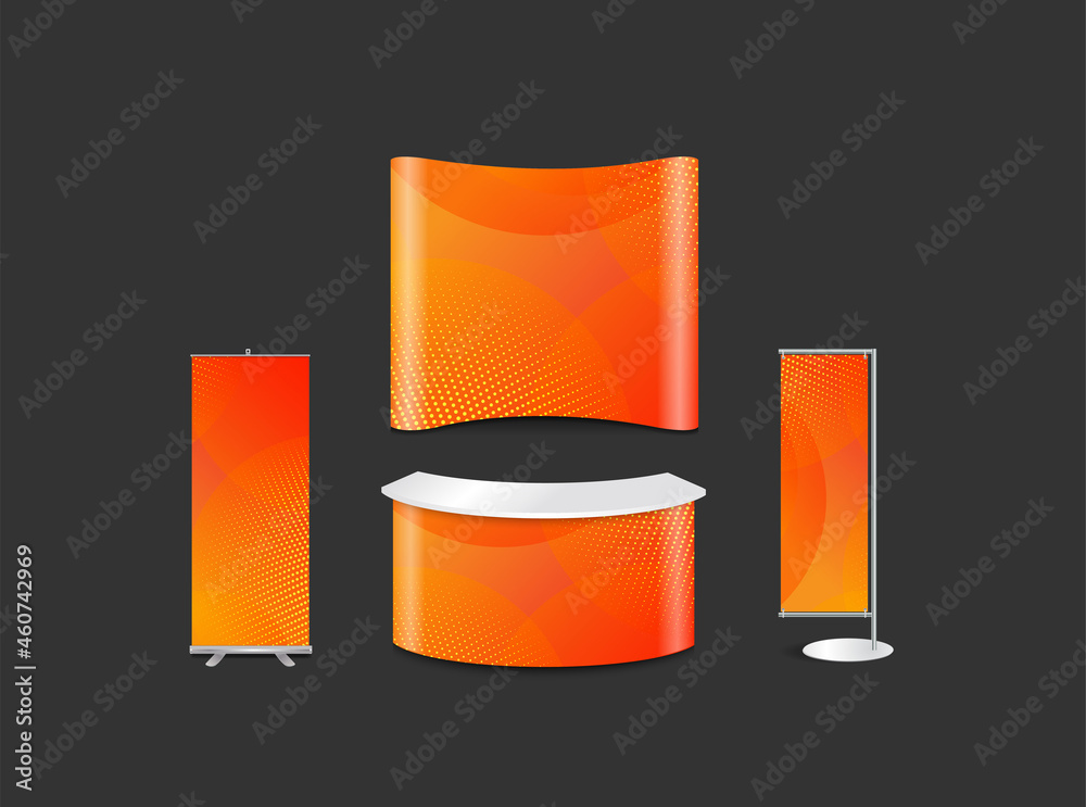 Poster advertising exhibition stand design with minimal geometric background. orange elements with fluid gr