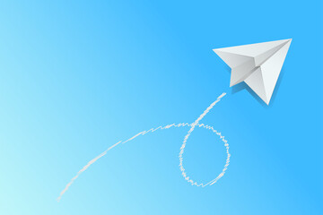White paper plane on a flat sky blue background. Concept for business. Problem solution. Leadership. The economic growth. Way out of chaos.