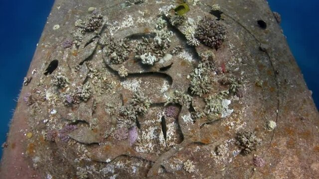 Symbol logo shipwreck Salem Express deep underwater Red sea. Secret of sunken ship which crashed on coral reef. Historical place of tragedy.