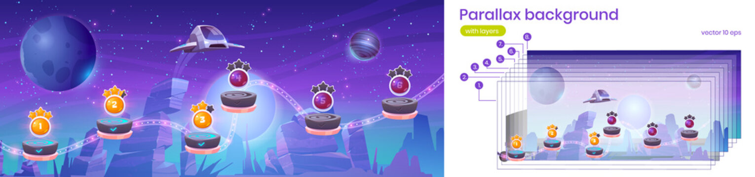 Mobile arcade with spaceship parallax background, interstellar shuttle hover above alien planet with assets on flying platforms, fantasy game 2d ui design, extraterrestrial cartoon vector landscape