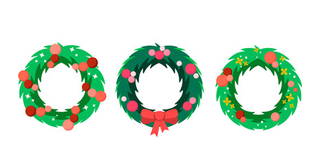 A set of Christmas wreaths on a white background. Flat design.
