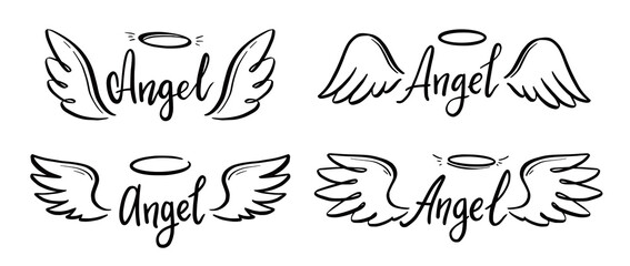 Angel wing with halo and angel lettering text set. Hand drawn line sketch style wing. Simple vector illustration. - obrazy, fototapety, plakaty