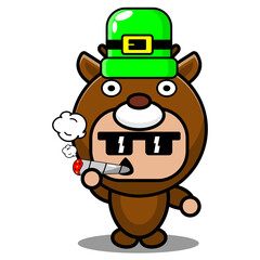 cartoon vector illustration of cute deer animal mascot costume character wearing st patrick's hat and smoking
