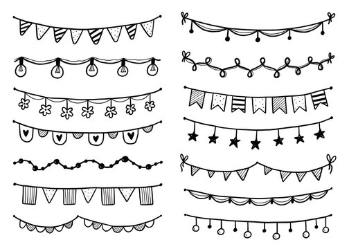 Party garland set with flag, bunting, pennant. Hand drawn sketch doodle style garland. Vector illustration for birthday, festival, carnival drawn decoration.