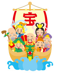 可愛い七福神が宝船に乗っているイラスト　白背景　クリップアート