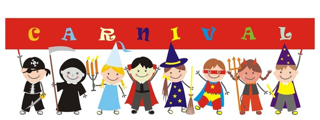 Group of children in carnival mask with red banner with text, boys and girls, in a row.