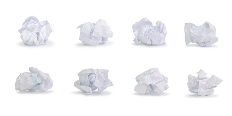 Set collection of white crumpled paper isolated on white background