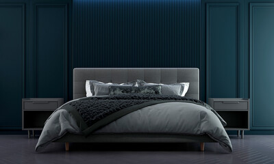 Living decor ideas and bedroom furniture mock up interior design and blue empty wall texture background. 3D rendering
