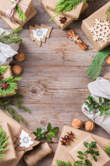 Zero waste Christmas concept, handmade gift boxes, furoshiki style