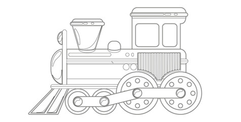 Kids train toy in cartoon style coloring book. Vector illustration isolated on white background.