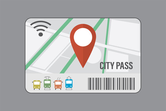 City pass. Transport card for contactless payment of public transport fares. Tourist ticket. Plastic or paper card with pictograms and barcode.
