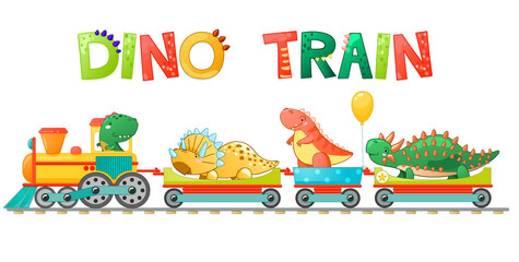 Naklejka premium Train with cute little dinosaur in cartoon style. Vector colorful illustration for school, preschool kids design.