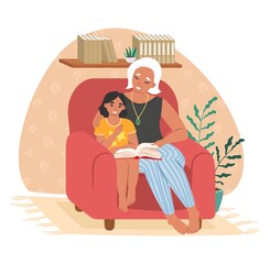 Happy grandmother reading book with granddaughter, flat vector illustration. Grandparent grandchild relationships. - obrazy, fototapety, plakaty