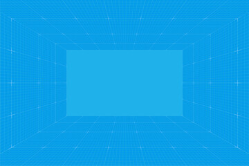 Grid perspective blueprint room. Wireframe millimeter paper background. Digital cyber box technology model. Vector blank architectural template