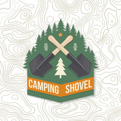 Camping shovel patch or sticker. Outdoor adventure. Vector. Concept for shirt or logo, print, stamp or tee. Vintage typography design with camper shovel and forest silhouette. Camping patch, badge.