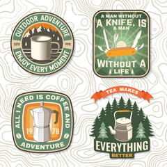 Set of travel inspirational quotes. Vector Concept for shirt or logo, print, stamp or tee. Design with retro camping tea kettle, pocket knife, geyser coffee maker, and mug silhouette. Camping quote.