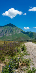 Fototapeta na wymiar Mountains of North Ossetia, beautiful summer landscapes with blue sky and clouds. Vertical format.