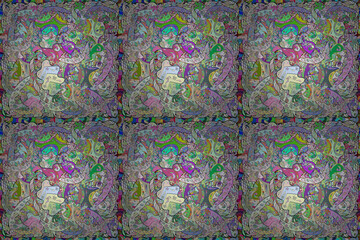 Seamless pattern with interesting doodles on colorfil background. Pano. Raster illustration.