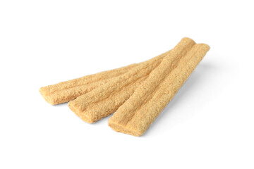 Organic cereal bar with boiled condensed milk filling isolated on white background.