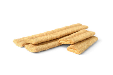 Organic cereal bar with boiled condensed milk filling isolated on white background.
