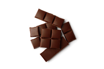 Milk chocolate pieces isolated on white background.