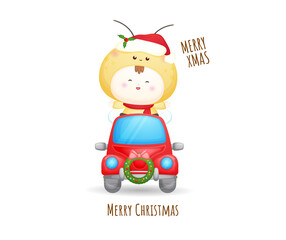 Cute baby santa in red car for merry christmas illustration Premium Vector