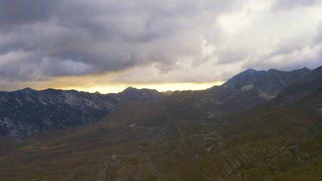 Amaizing sunset view on Durmitor mountains, National Park, Mediterranean Montenegro Balkans Europe. Aerial drone view 4K.