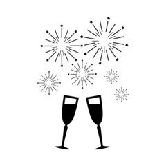 Two crystal champagne glasses toast cheers fireworks icon vector illustration set. Anniversary birthday Christmas Eve New Year happy event celebration silhouette pictogram on white background