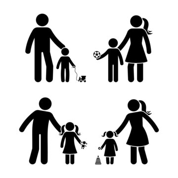 Stick Figure Family, Boy And Girl Playing Outside Vector Icon Illustration Set. Children, Kids, Son, Daughter, Father, Mother, Parents Spending Time Together Silhouette Pictogram On White