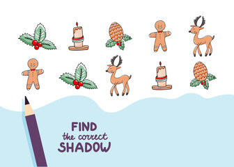 Find the correct shadow. Cute Christmas design elements. Educational game for kids. Collection of children's games. Vector illustration in cartoon style