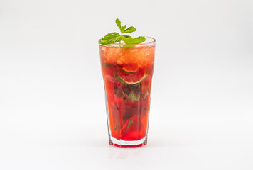 Summer Berry fruit iced tea with ice cubes against white background.