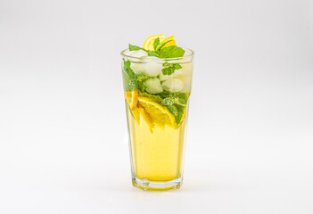 Iced tea with lemon isolated on white.