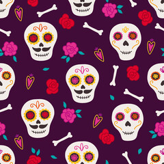 Day of the dead seamless pattern with roses, bones, skulls