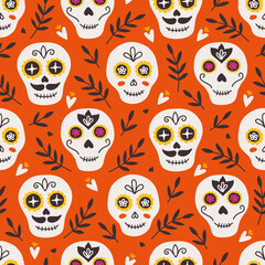 Day of the dead seamless pattern with skulls, leaves, hearts