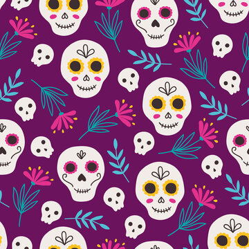 Day of the dead seamless pattern with flowers and skulls