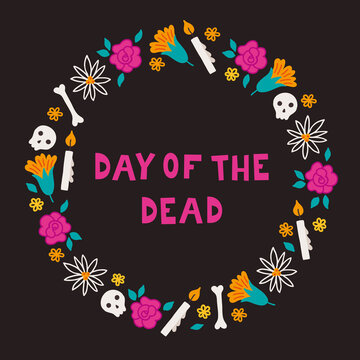 Day of the dead greeting card with candle, skull, roses