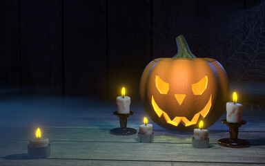 Spooky smiling pumpkin on dark background. Modern 3d render