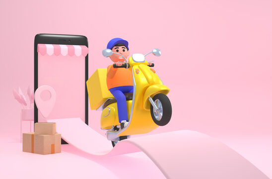 Cheerful courier on yellow scooter, fast food delivery. Modern 3d render