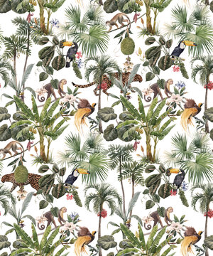Beautiful seamless tropical floral pattern with hand drawn watercolor exotic jungle palm trees and animals. Toucan monkey and paradise bird. Stock illustration. © zenina
